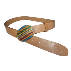 Boho Western Brown Leather Women's Medium 34" Belt Retro Colorful Rainbow Buckle